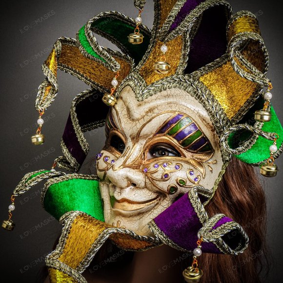 Mardi Gras Luxury Jester Crackle Joker Venetian Masquerade Theater Act Face Mask - Picture 5 of 9